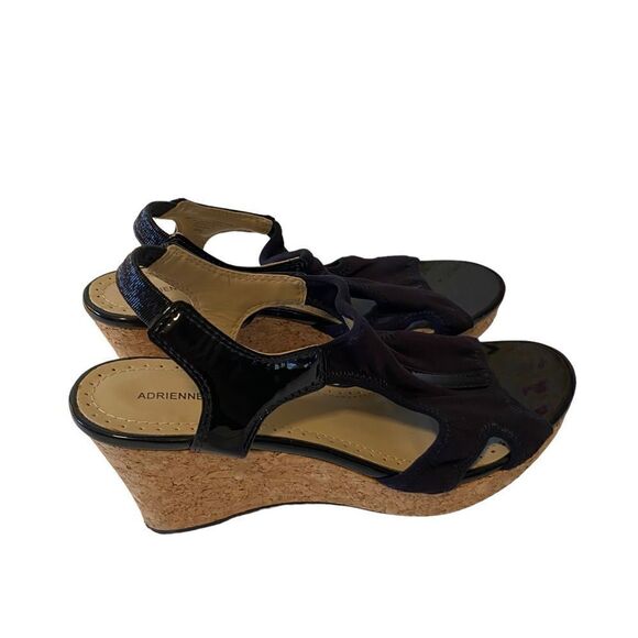 Adrienne Vittadini Black Cloth & Patent Leather Peep Toe Cork Wedge Heels. - Picture 4 of 6